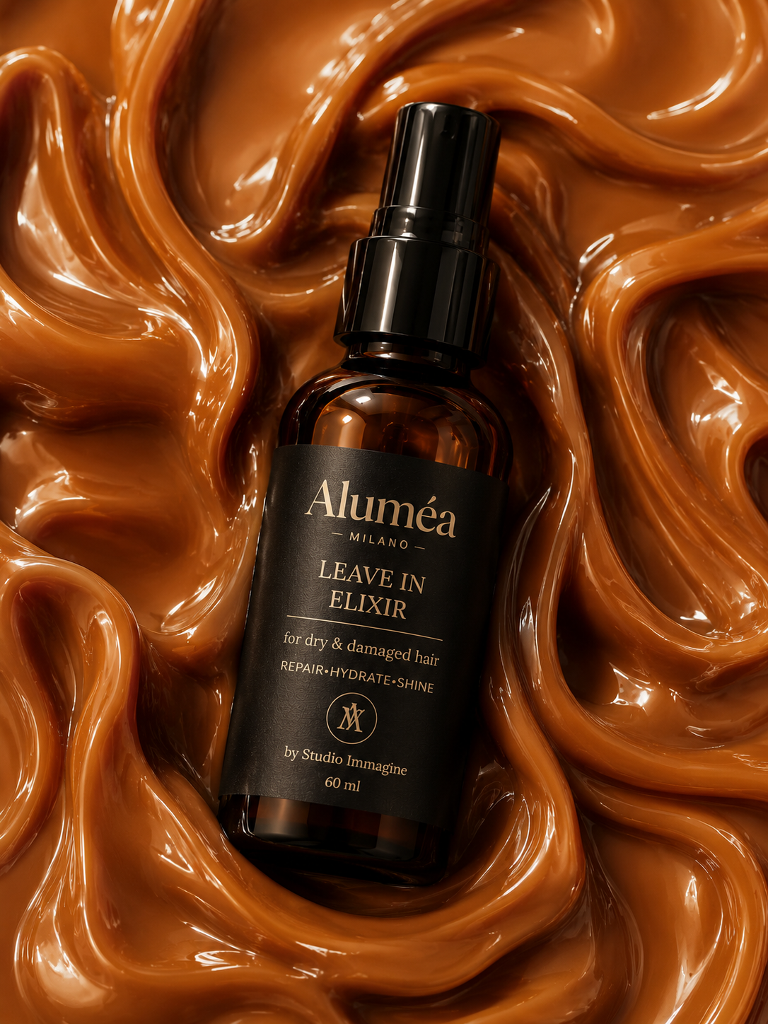 Aluméa Milano – Leave In Elixir 60ml su sfondo caramello