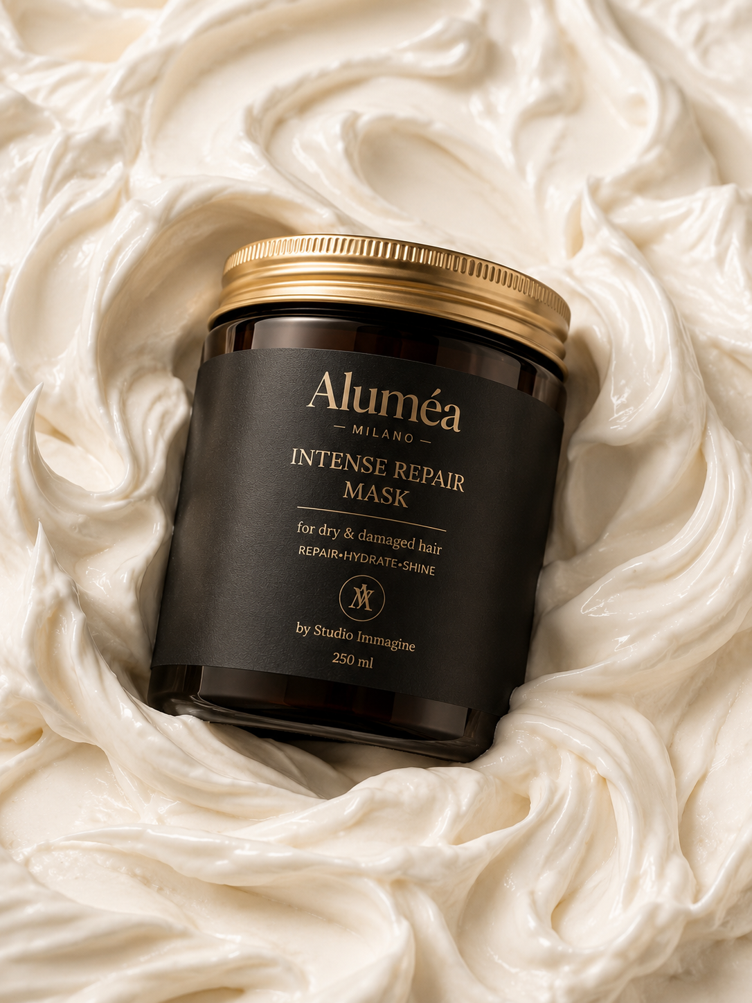 Aluméa Milano – Intense Repair Mask 250ml su sfondo di crema bianca